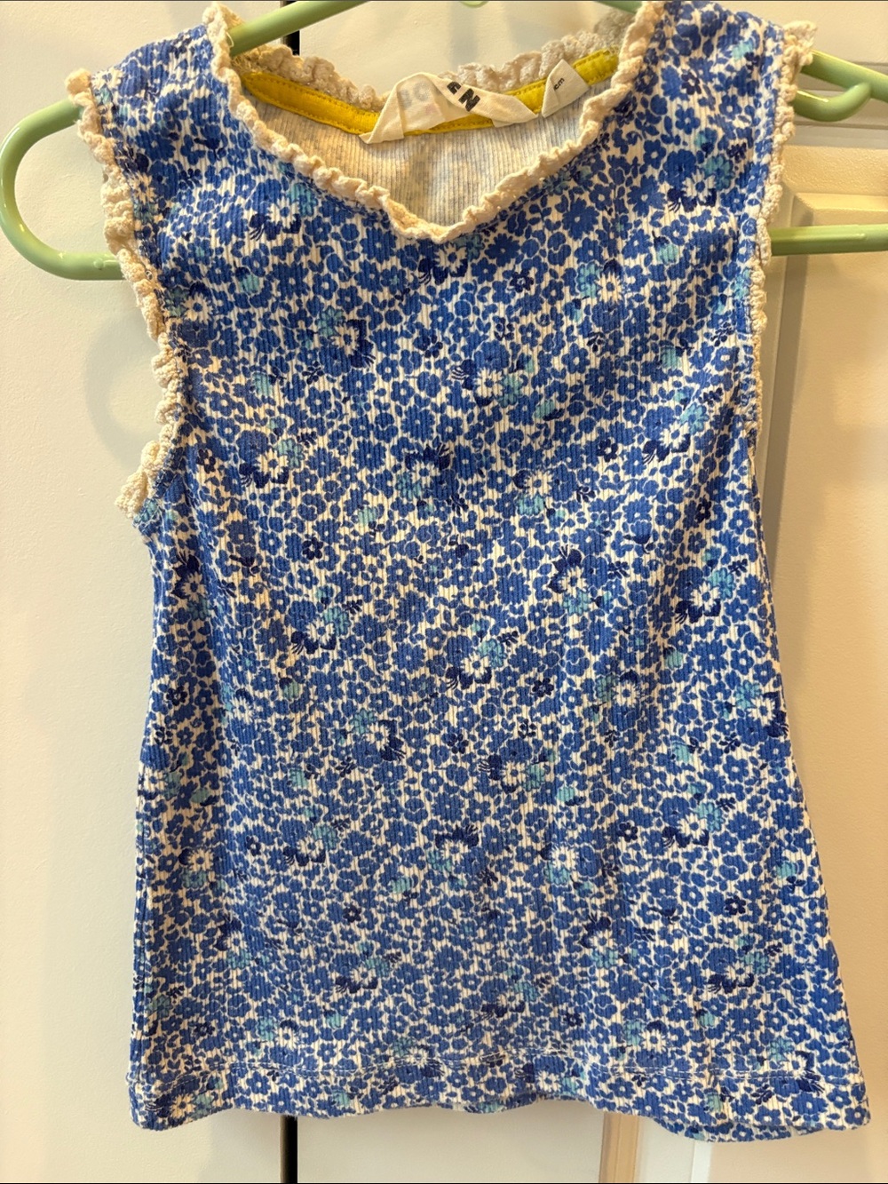 Mini Boden Blue Floral Ribbed Tank with Cream Trim